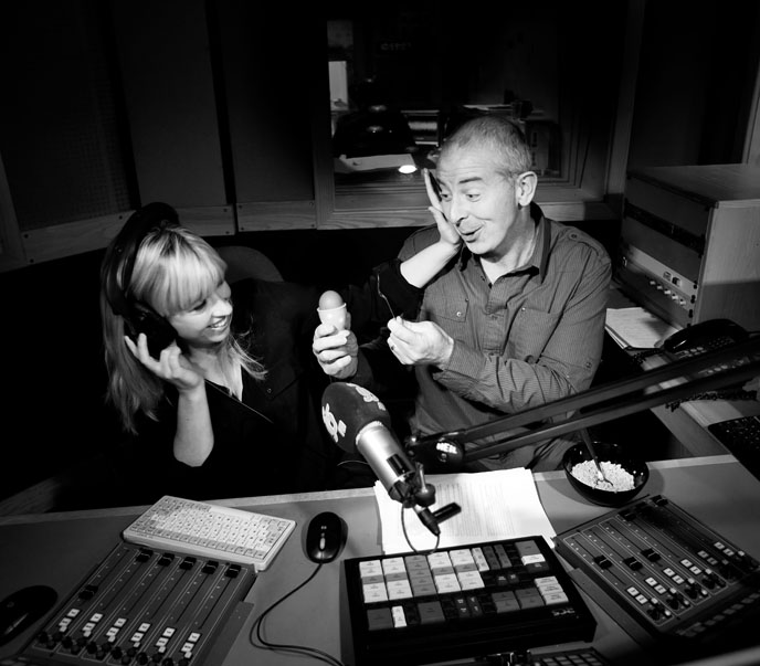 Mark and Catriona photographed working on their show, Limerick's Live 95 FM radio breakfast show.  